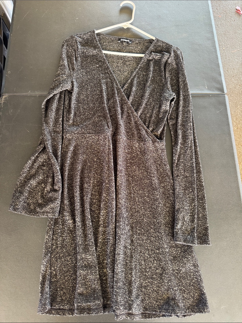 Express Metallic Charcoal Faux-Wrap Long Sleeve Dress